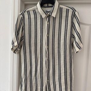 Zara Men's Casual Black and Cream Striped Shirt